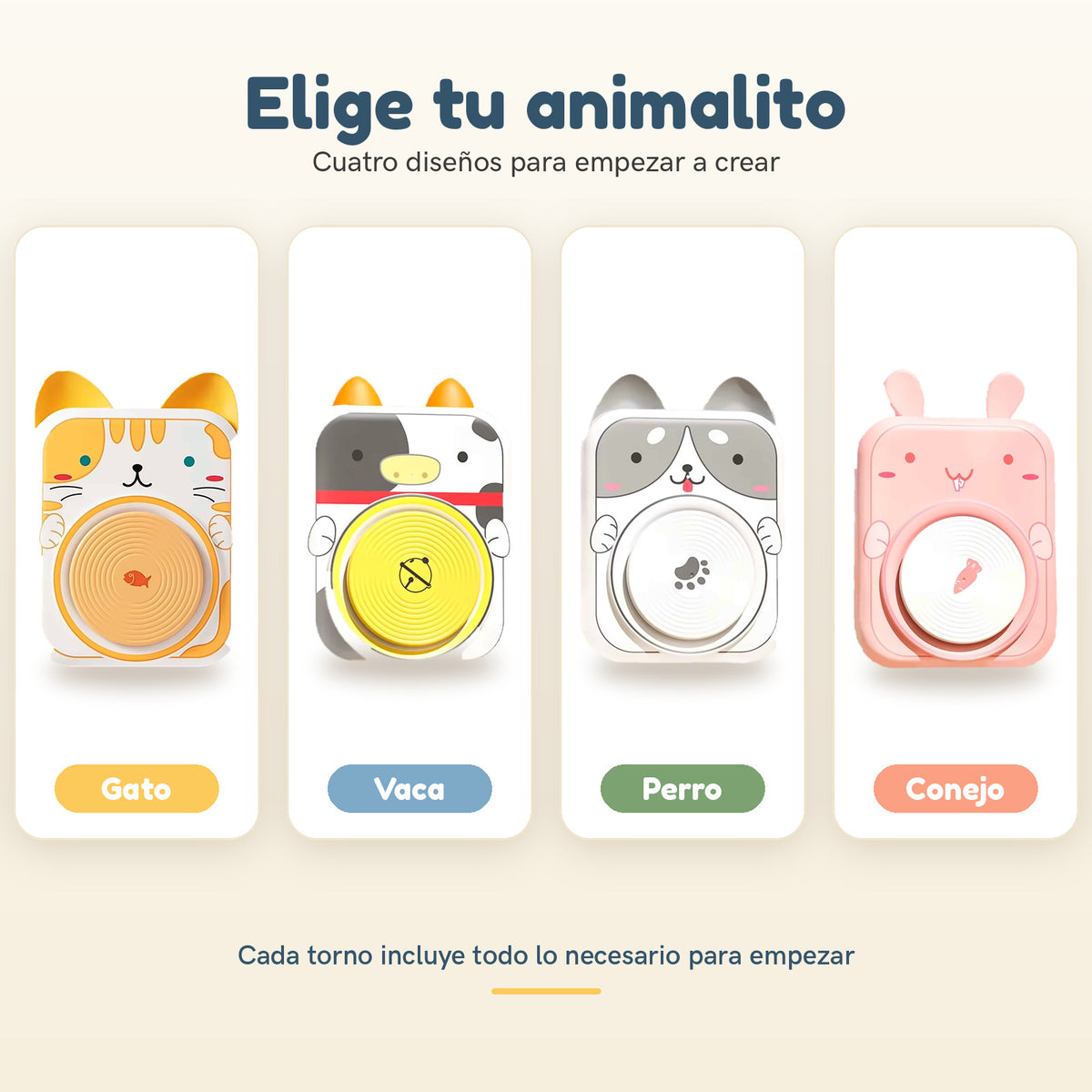 Los cuatro modelos del torno Lumikids: gato, vaca, perro y conejo