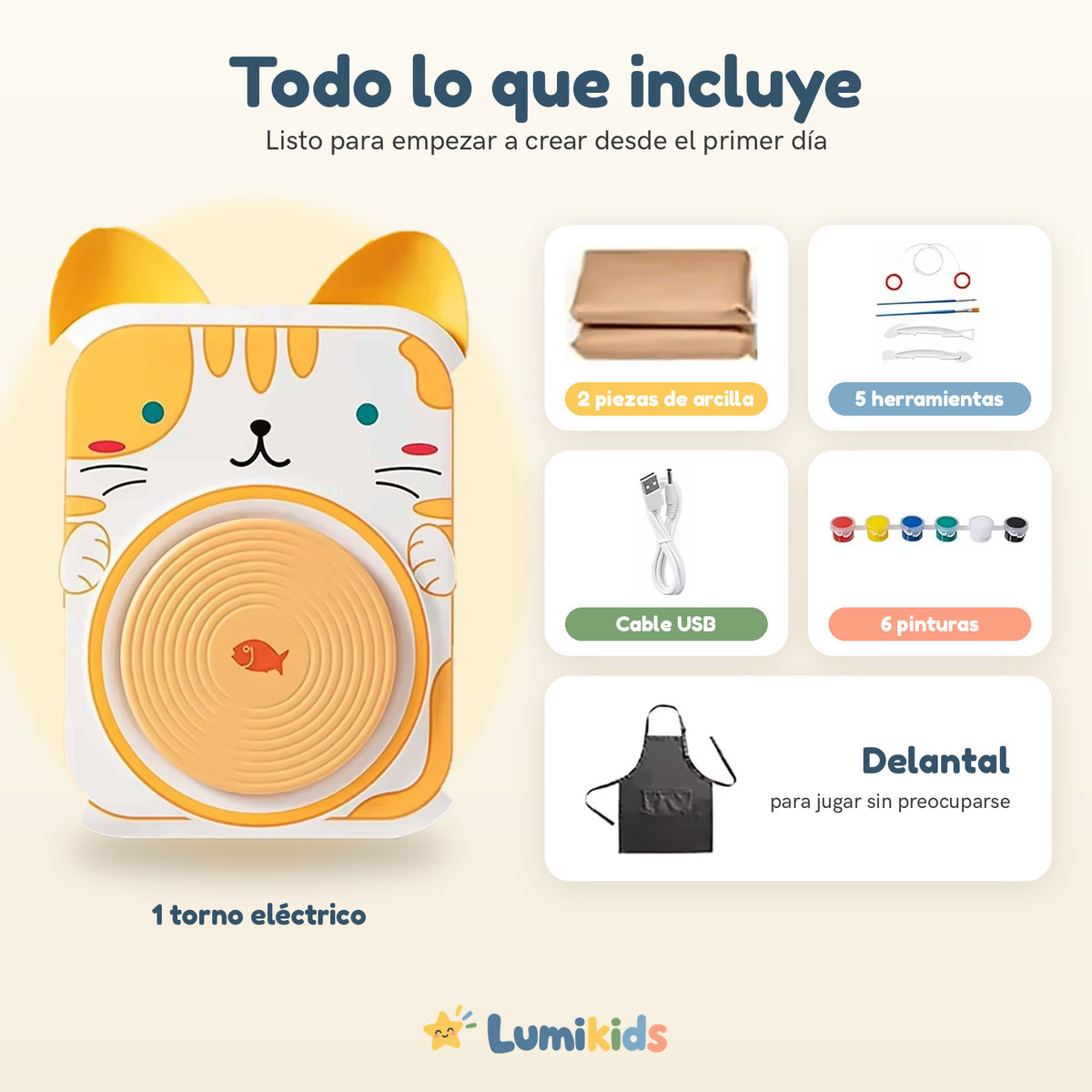 Qué incluye el kit: torno eléctrico, 2 piezas de arcilla, 5 herramientas, cable USB, 6 pinturas y delantal