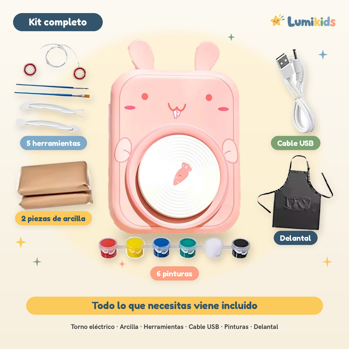 Torno de cerámica Lumikids modelo conejo con todo lo que incluye el kit: 2 piezas de arcilla, 5 herramientas, cable USB, 6 pinturas y delantal