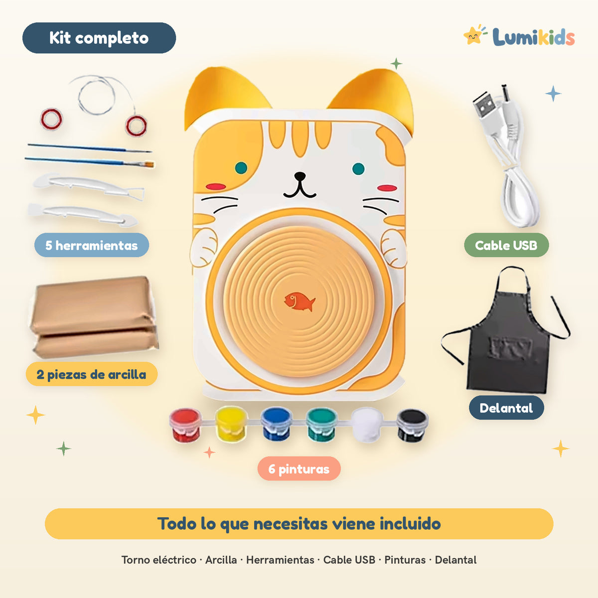 Torno de cerámica Lumikids modelo gato con todo lo que incluye el kit: 2 piezas de arcilla, 5 herramientas, cable USB, 6 pinturas y delantal
