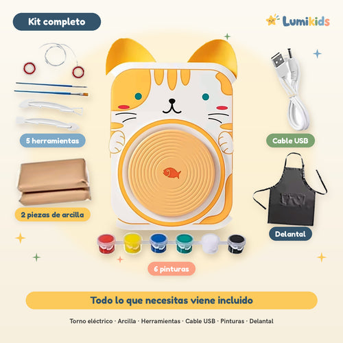 Torno de cerámica Lumikids modelo gato con todo lo que incluye el kit: 2 piezas de arcilla, 5 herramientas, cable USB, 6 pinturas y delantal