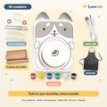 Torno de cerámica Lumikids modelo perro con todo lo que incluye el kit: 2 piezas de arcilla, 5 herramientas, cable USB, 6 pinturas y delantal