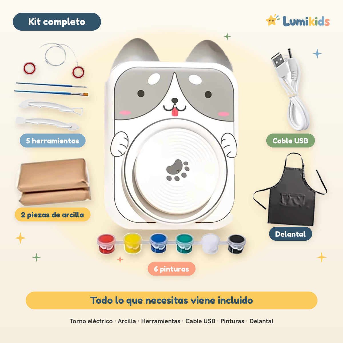 Torno de cerámica Lumikids modelo perro con todo lo que incluye el kit: 2 piezas de arcilla, 5 herramientas, cable USB, 6 pinturas y delantal