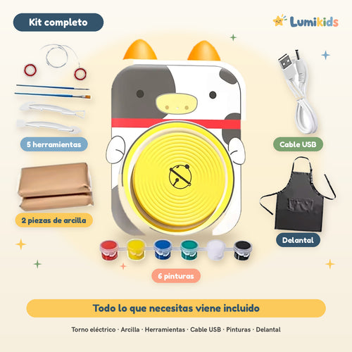 Torno de cerámica Lumikids modelo vaca con todo lo que incluye el kit: 2 piezas de arcilla, 5 herramientas, cable USB, 6 pinturas y delantal